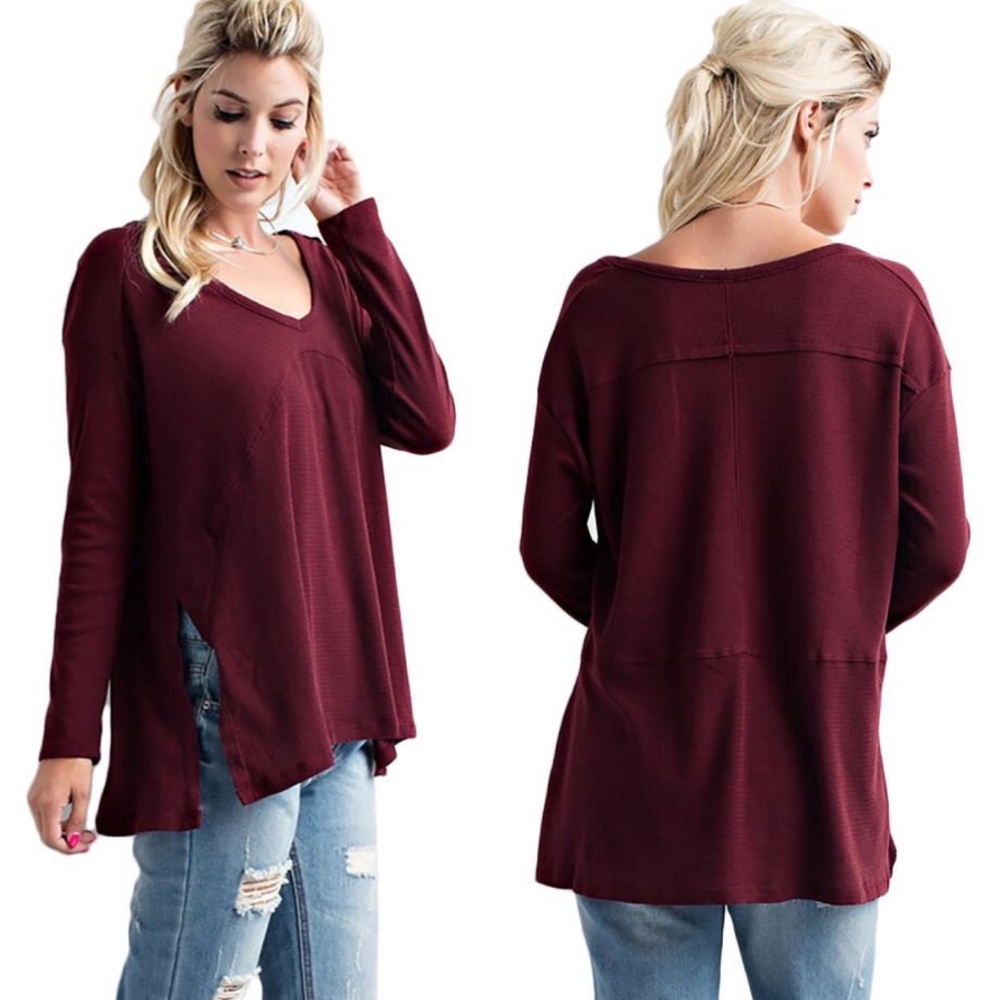 025 Cozy Burgundy Side Slit Thermal Long Sleeve Top